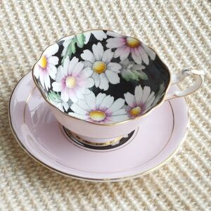 PARAGON Black and Pink Floral Teacup Set